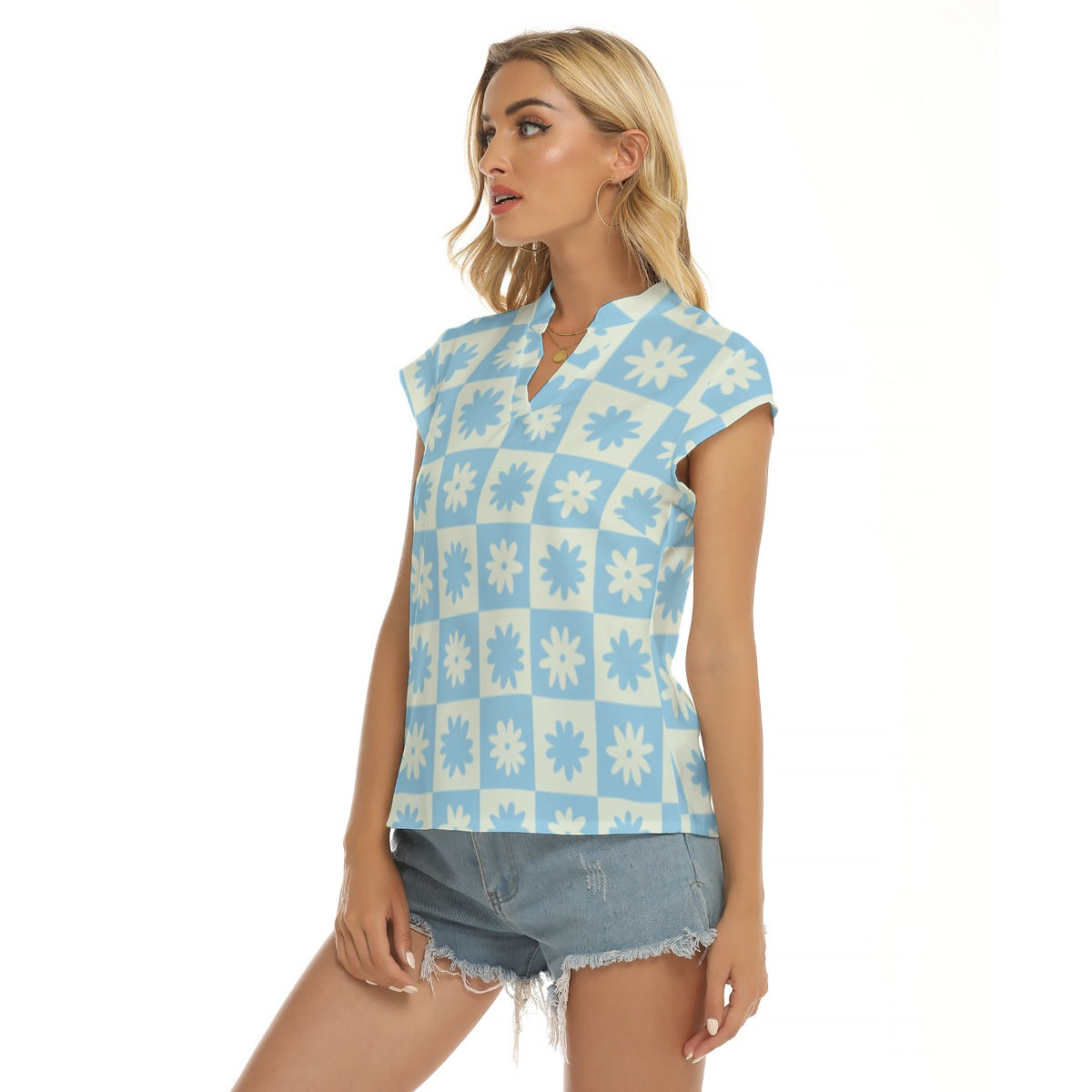 Baby Blue and White Floral Blouse