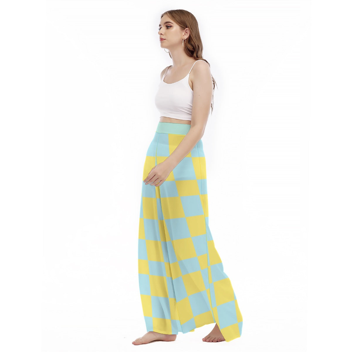 Yellow and Blue Checkered Wide Leg Pants