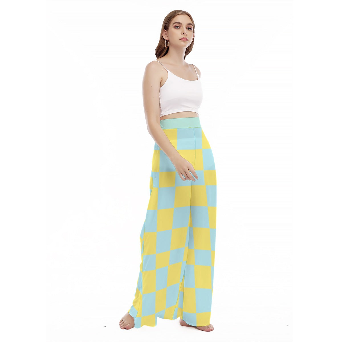 Yellow and Blue Checkered Wide Leg Pants