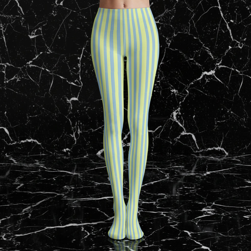 Pale yellow and light blue striped tights