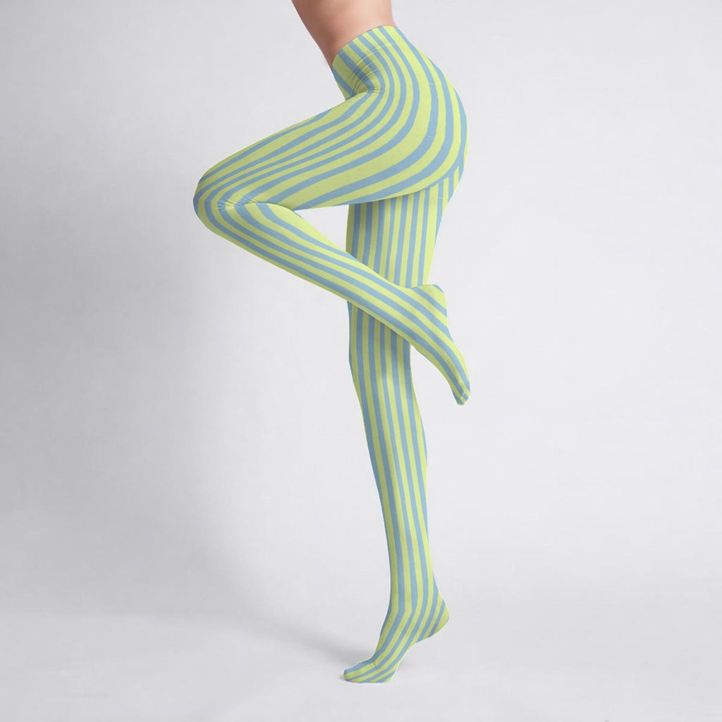 Lateral view of a pair of Lollipop Lady striped tights in pale yellow and baby blue