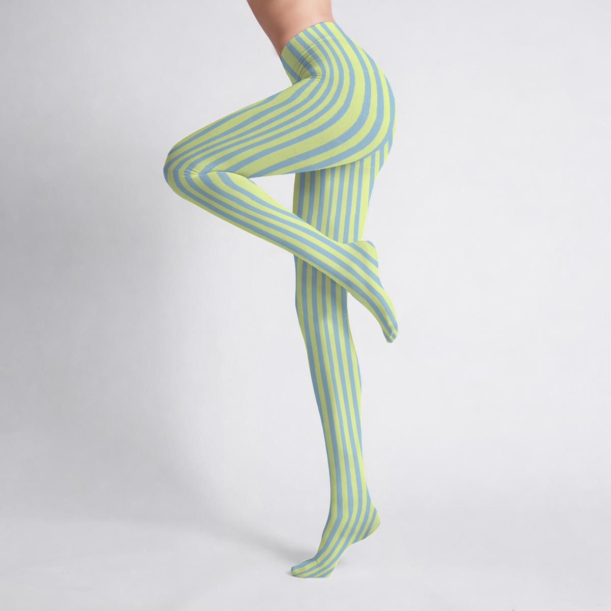 Lateral view of a pair of Lollipop Lady striped tights in pale yellow and baby blue