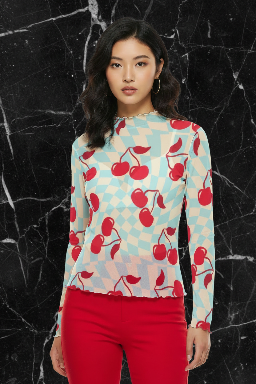 Sky Blue and Cherries Mesh Shirt