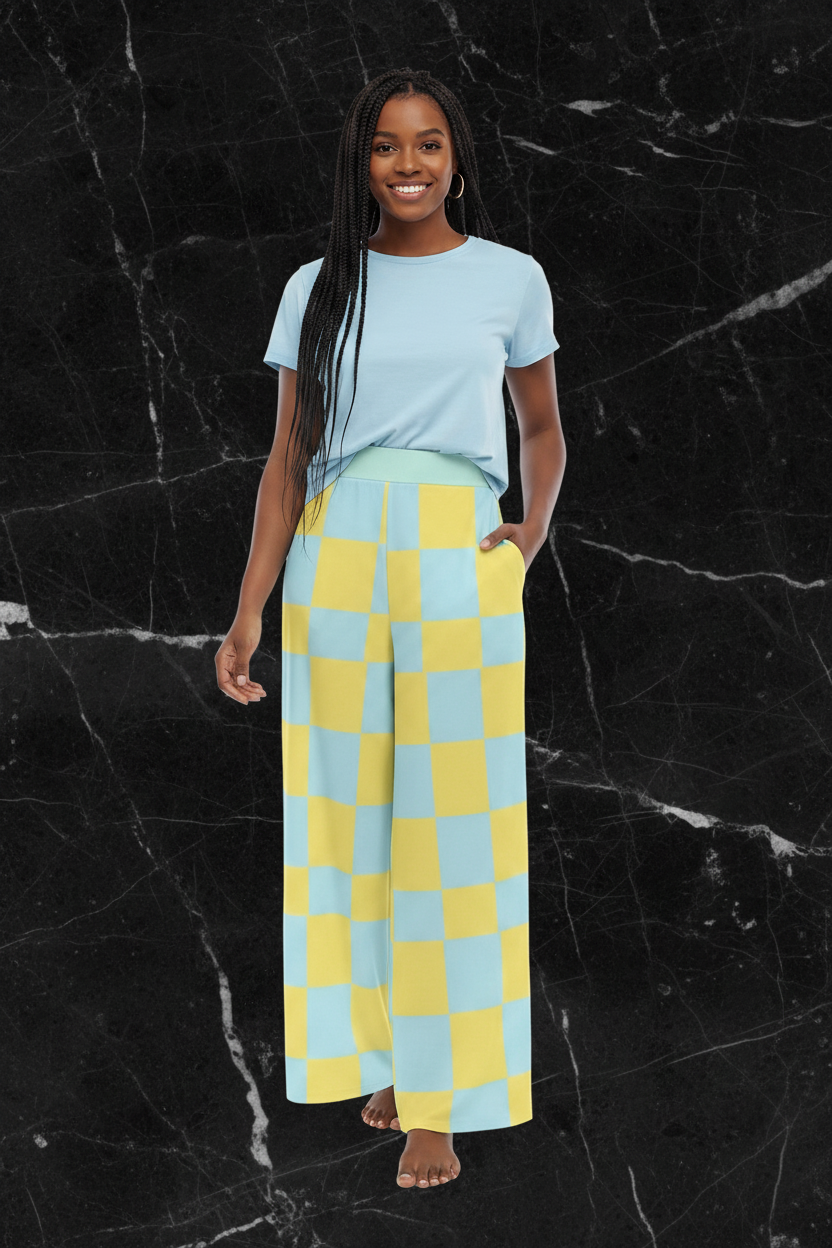 Yellow and Blue Checkered Wide Leg Pants