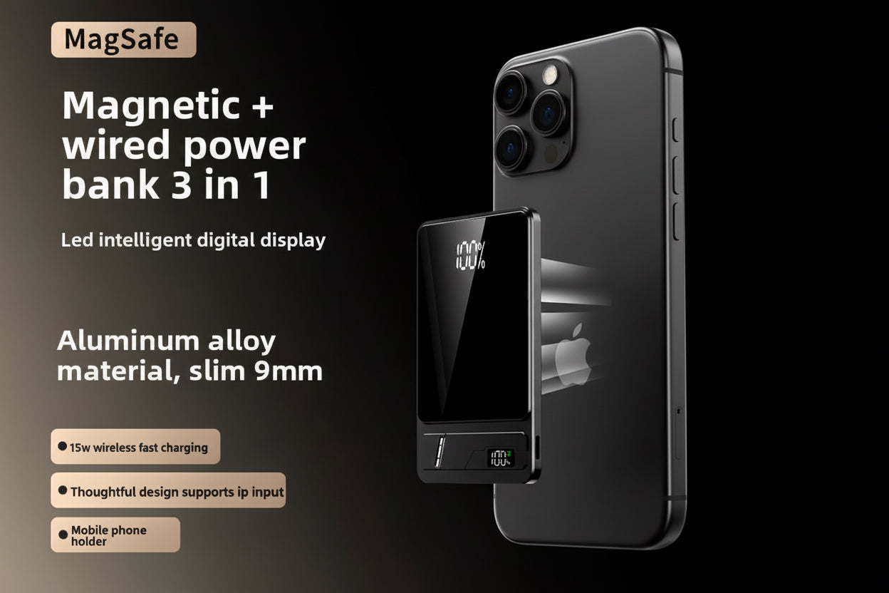 MagSafe magnetic and wired power bank with smartphone on a black background
